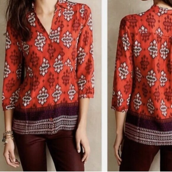 Maeve Anthropologie Women Top 4 Red Paisley Woodland Walk Button Down Shirt - Picture 1 of 11